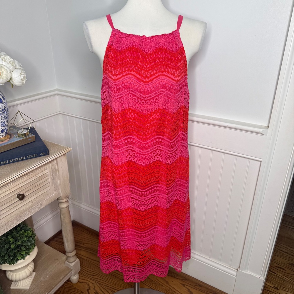 Trina Turk Pink Red Lace Chevron Shift Dress NWT Small